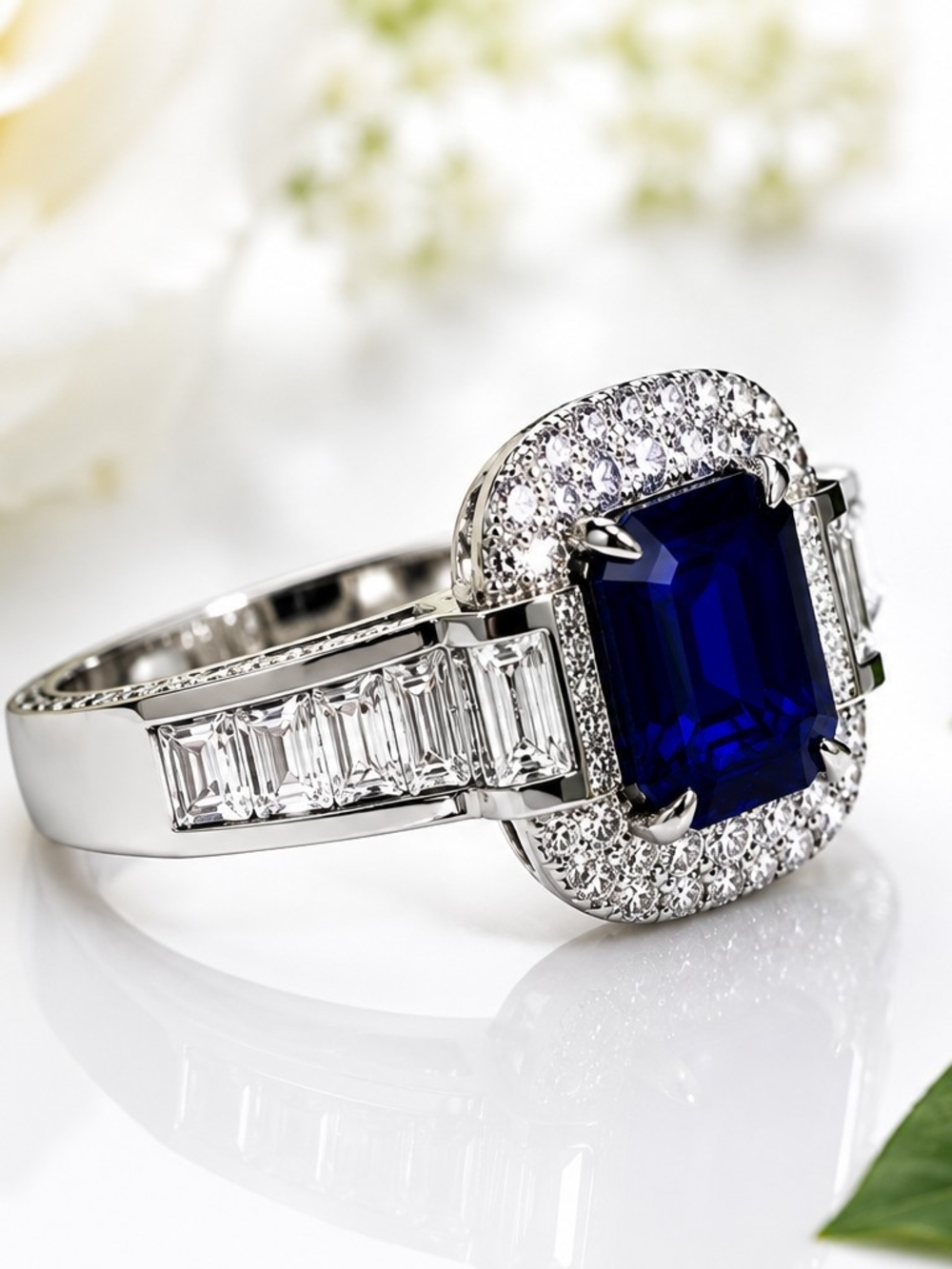 Women's Ring Size 8 Blue Emerald Cut CZ Halo Silver Tone